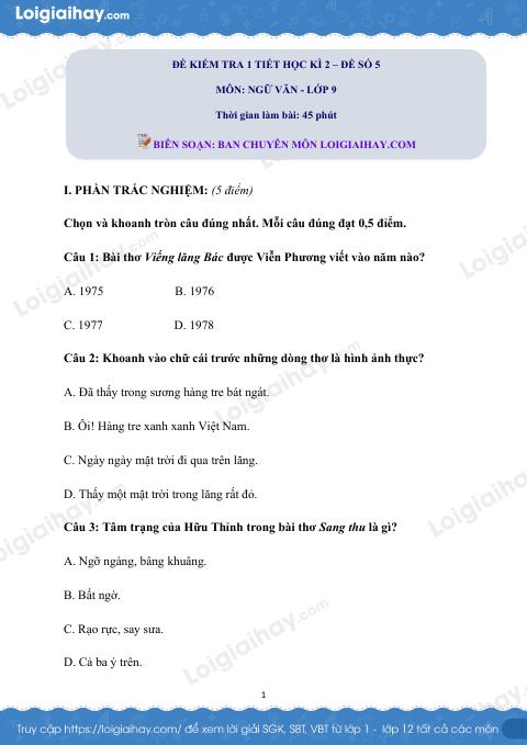 Đề kiểm tra 1 tiết Văn 9 - Đề số 5